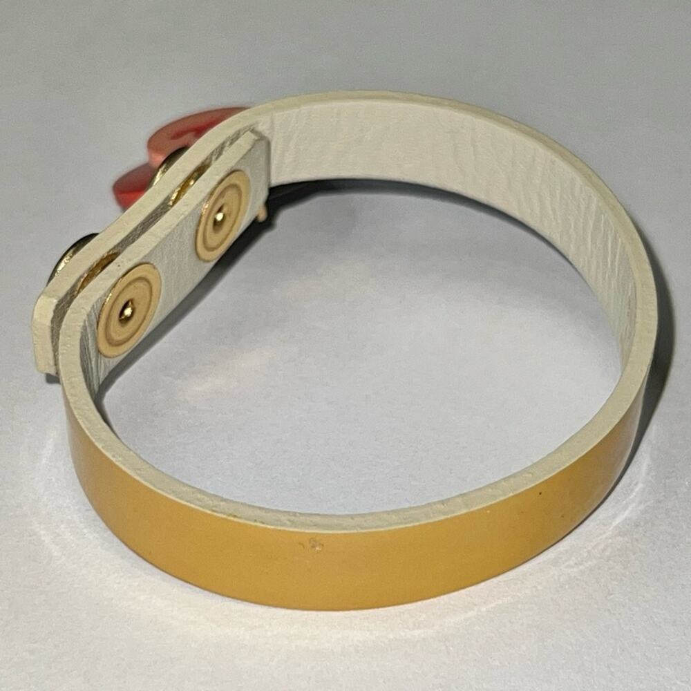 AUTH VTG Coco CHANEL Yellow Leather & Logo Charm Snap Button Bracelet Wrap Cuff - Picture 9 of 16
